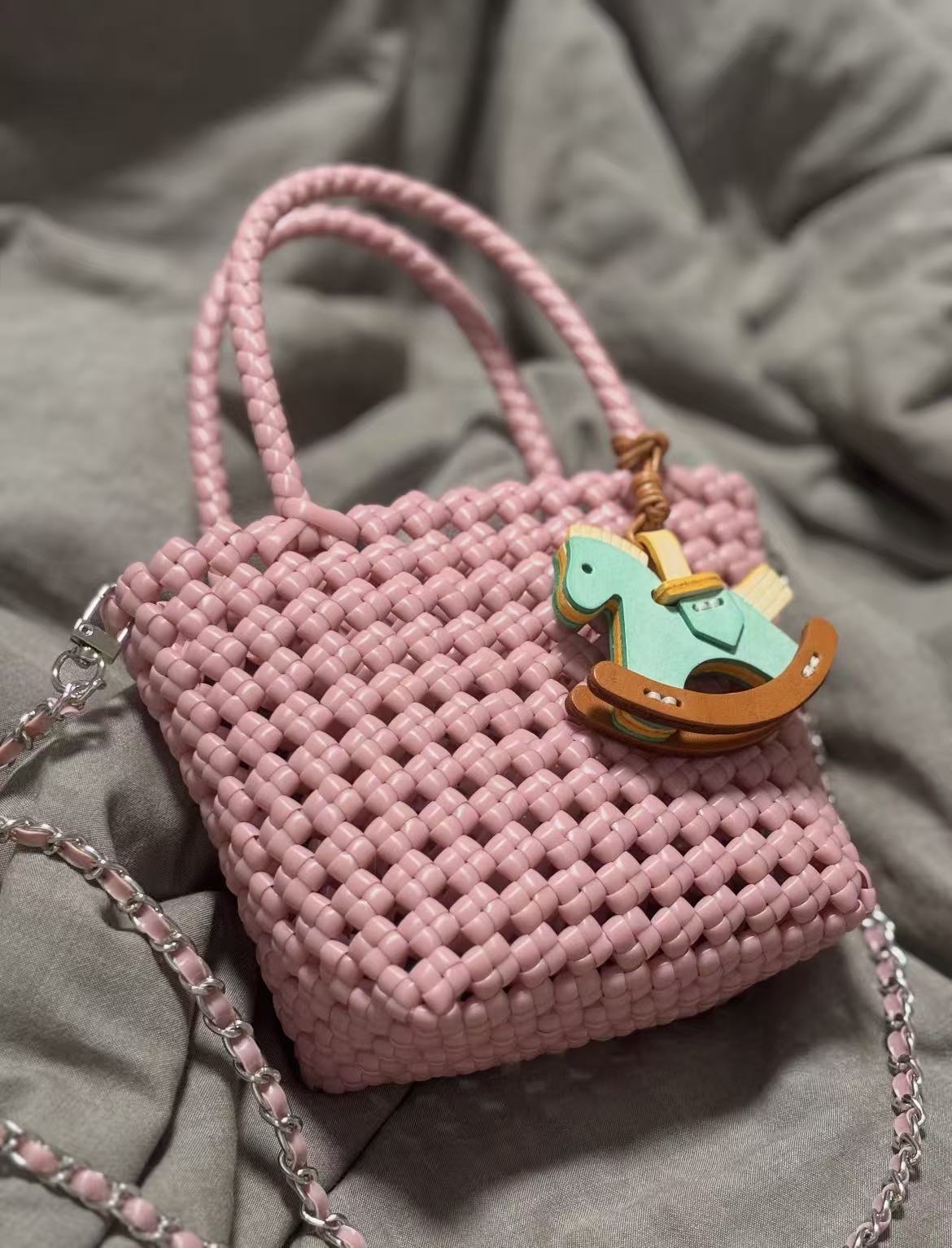 Pink Woven Mini Crossbody Bag