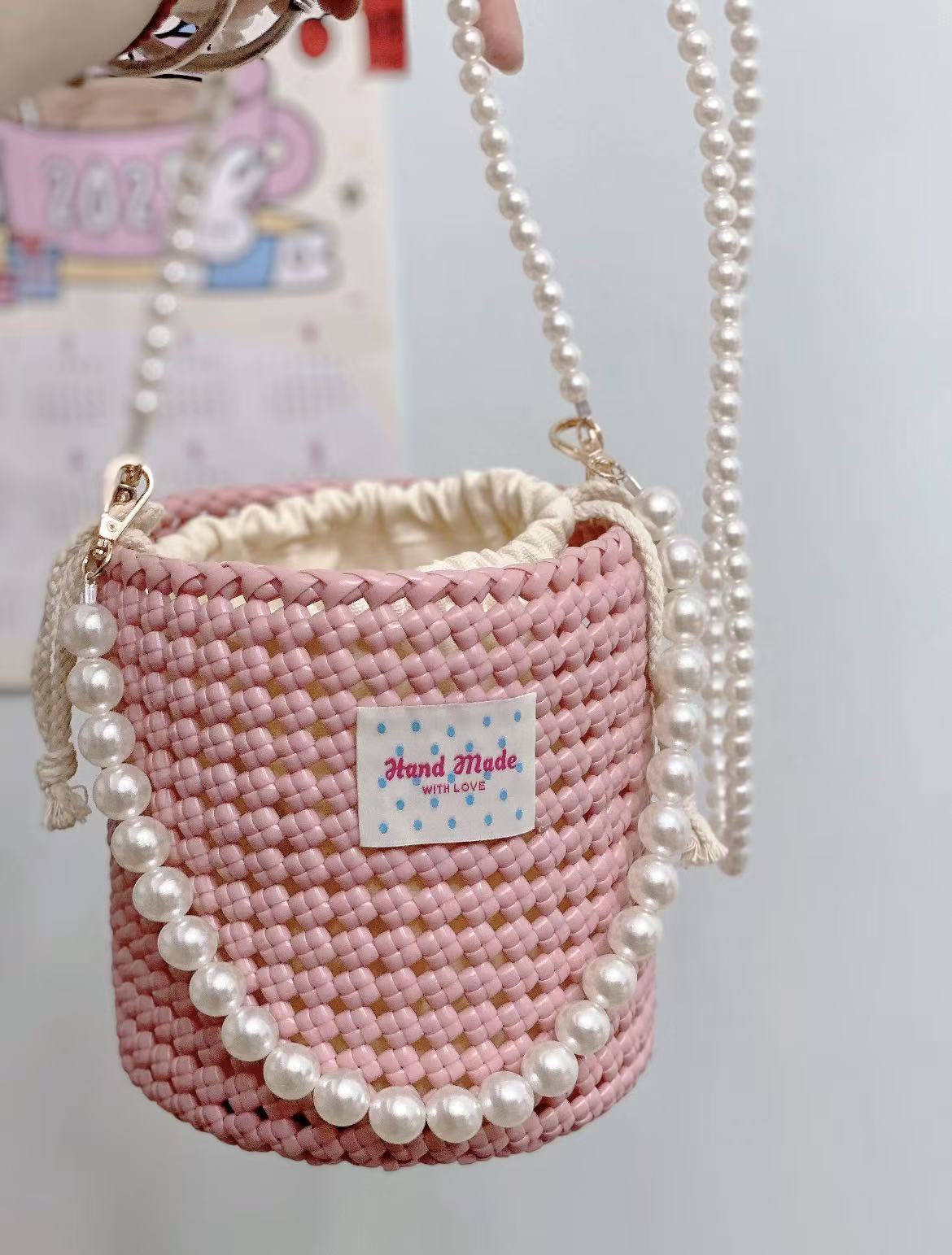 Pink Woven Bucket Bag with Pearl Chain Strap