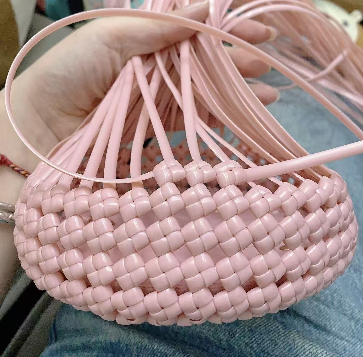 Pink Woven Bucket Bag with Pearl Chain Strap